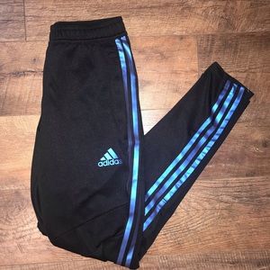 Black Adidas pants with blue stripes
